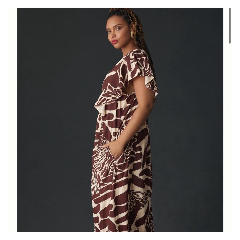 Anthropologie The Cassandra Maxi Dress Zebra Print Ruffled Hem Brown Motif 3X
